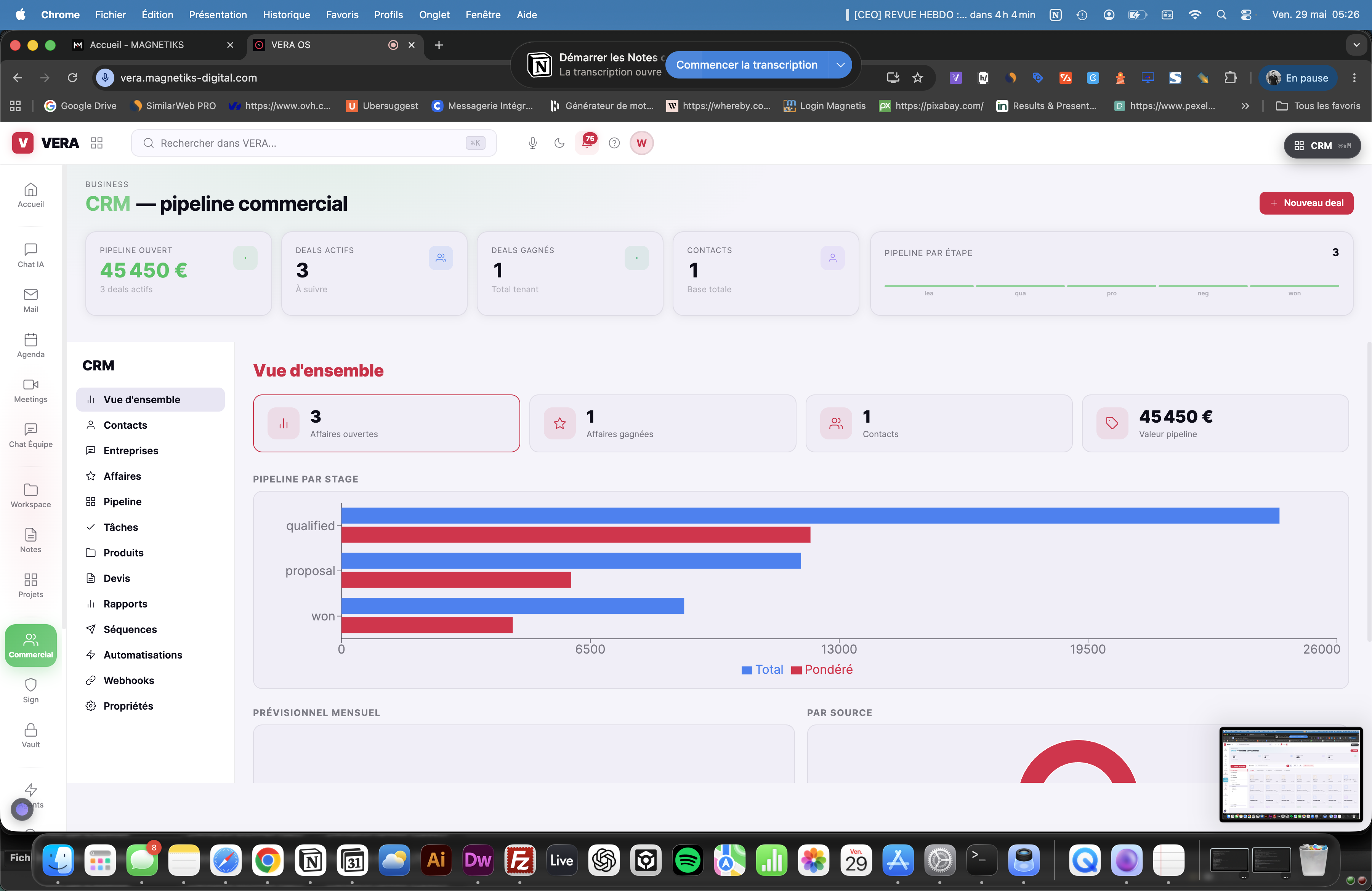 VERA OS CRM — pipeline commercial avec KPIs et histogramme par étape