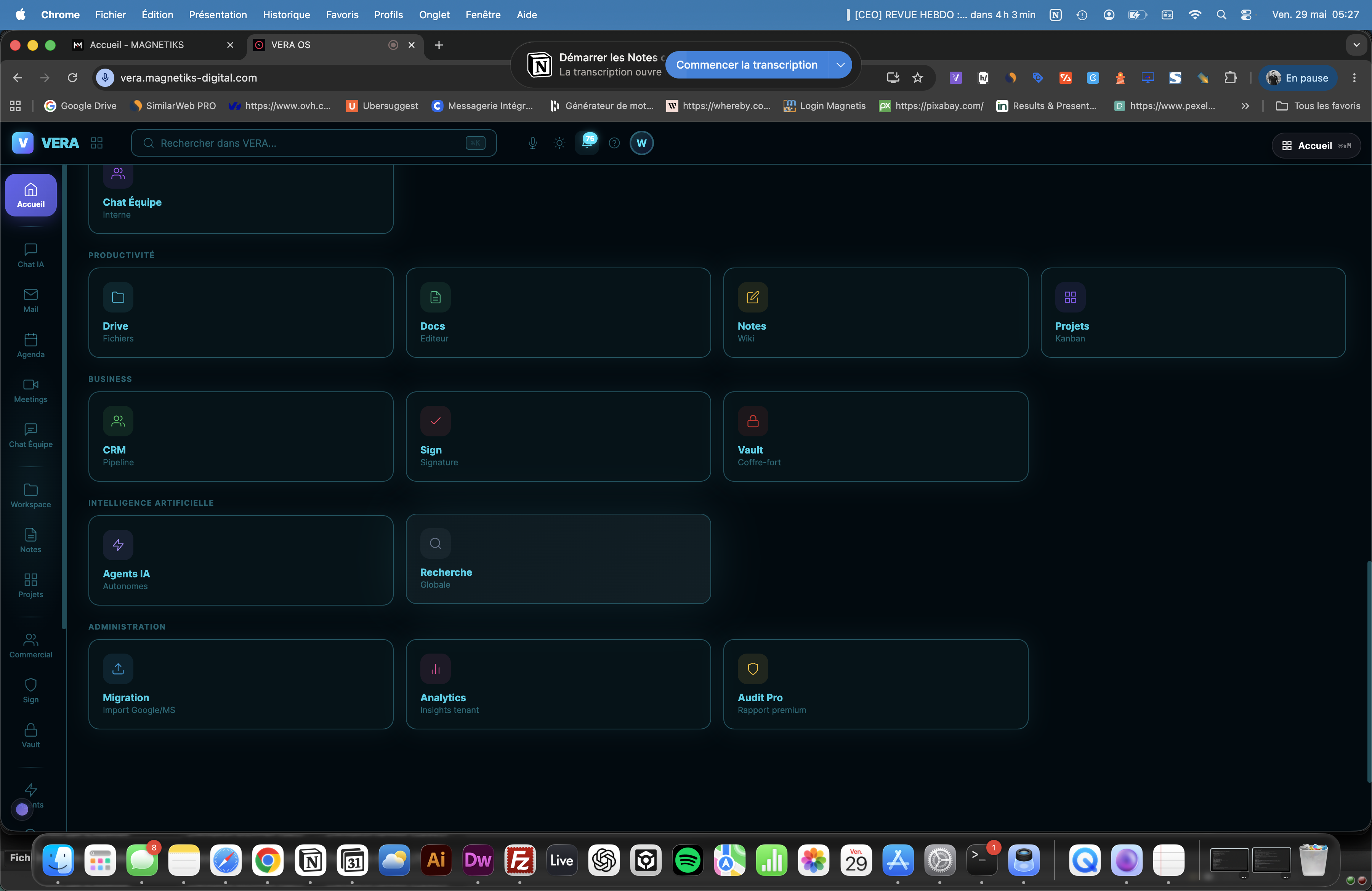Grille des modules VERA OS : Chat Équipe, Drive, Docs, Notes, Projets, CRM, Sign, Vault, Agents IA, Recherche, Migration, Analytics, Audit Pro