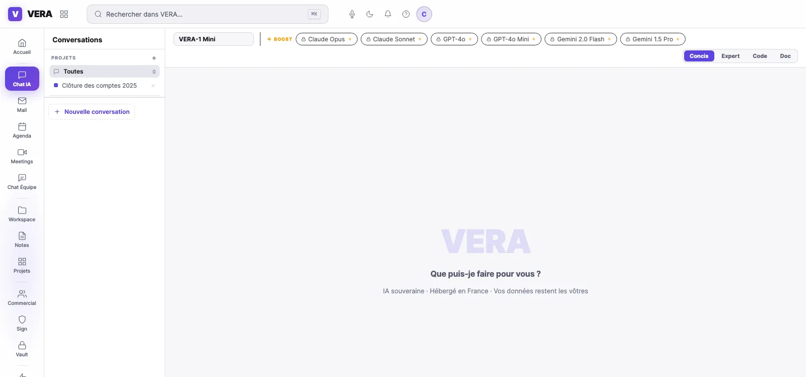 VERA OS : chat IA souverain, modèles hébergés en France