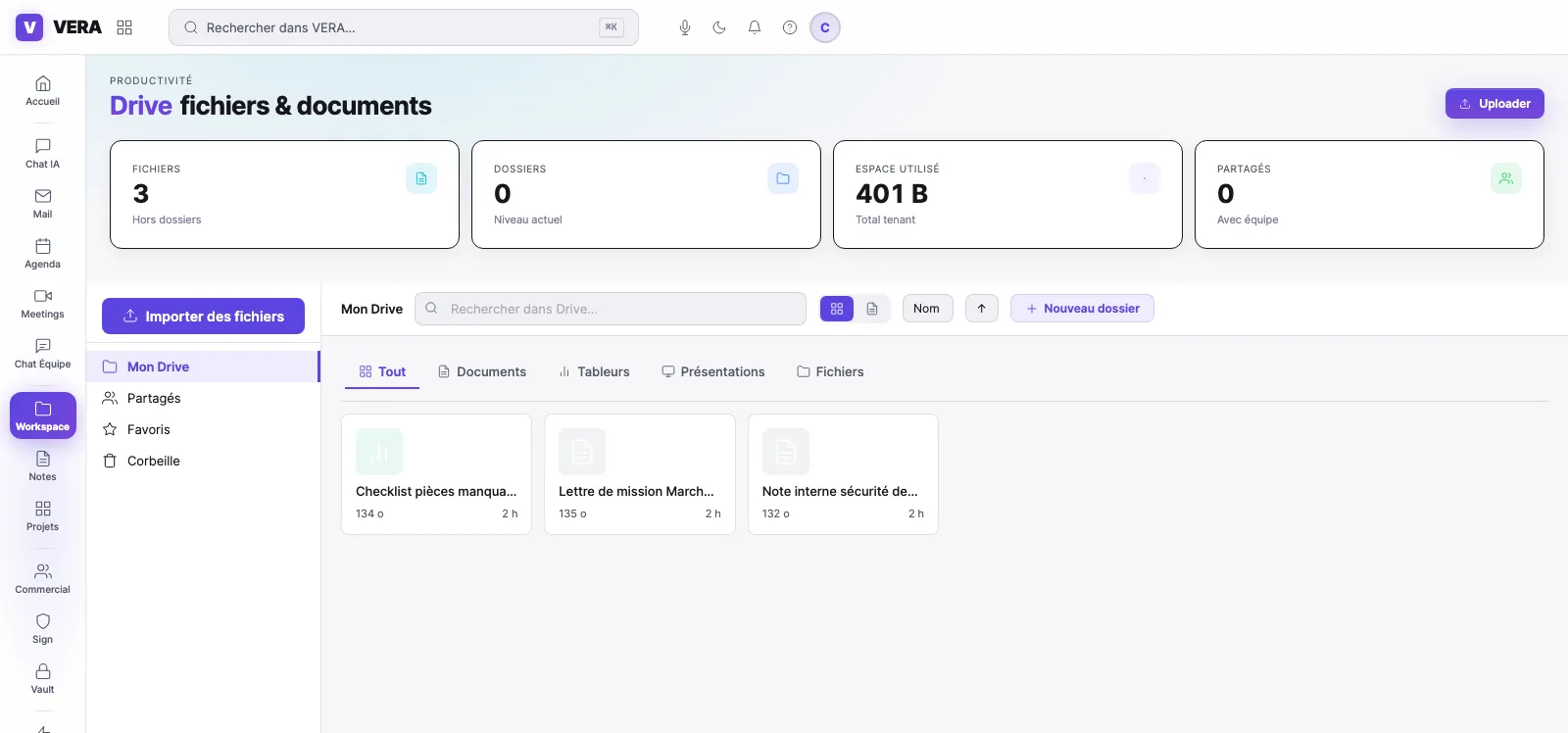VERA OS : Workspace, dossiers et documents du cabinet