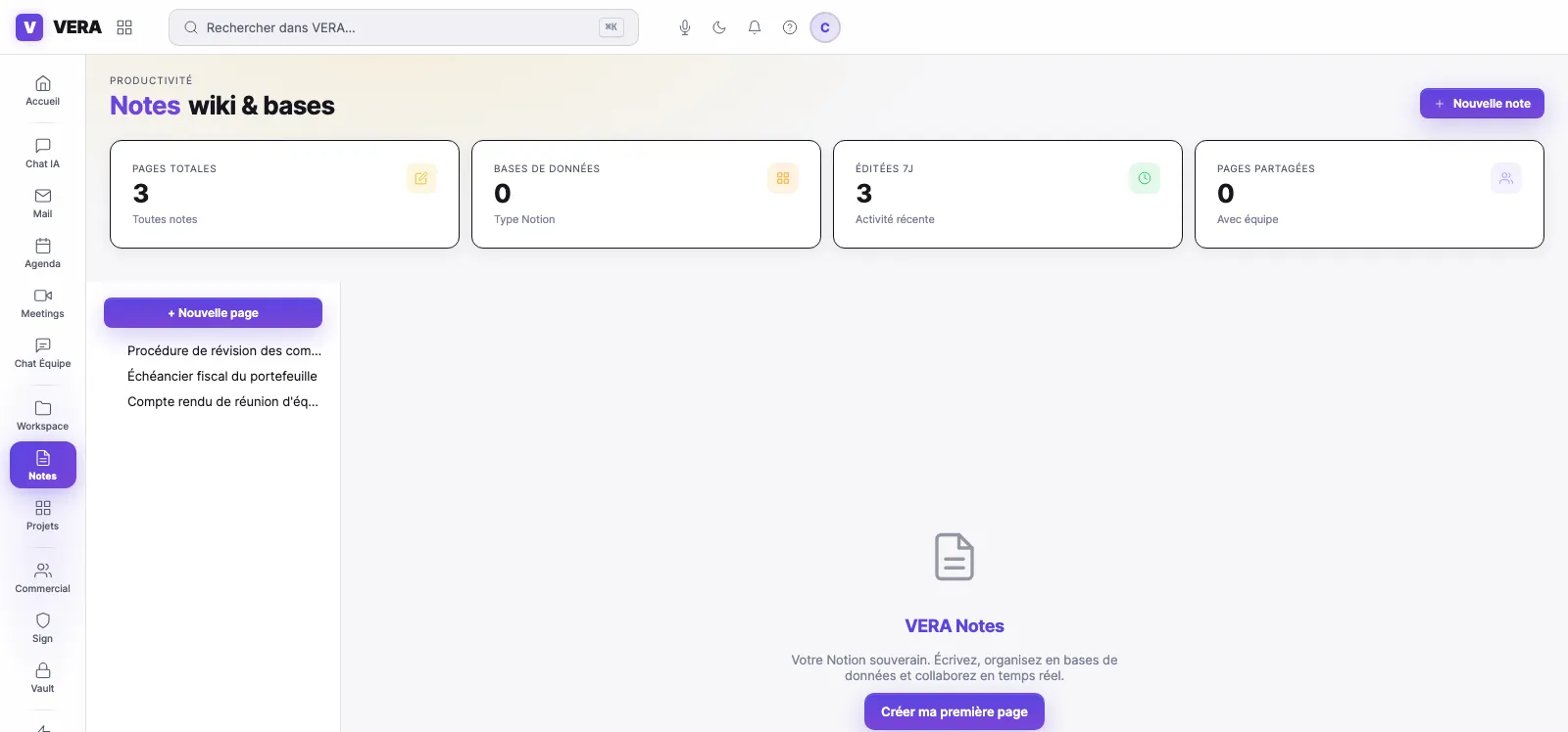 VERA OS : notes, wiki et bases de connaissance du cabinet